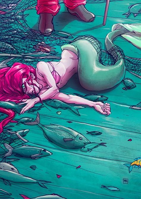 Ariel caught in a net Mermaid Stories, Fantasy Mermaids, Ariel Disney, Mermaid Drawings, Dark Disney, Twisted Disney, Mermaids And Mermen, Mermaid Life, Real Art