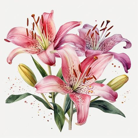 Premium Photo | Watercolor pink lily isolated on a white background Watercolor Lilies, Asian Lilies, Bouquet Clipart, Scrapbook Images, Watercolor Wildflowers, Stargazer Lily, Flowers Watercolor, Botanical Watercolor, Flower Printable