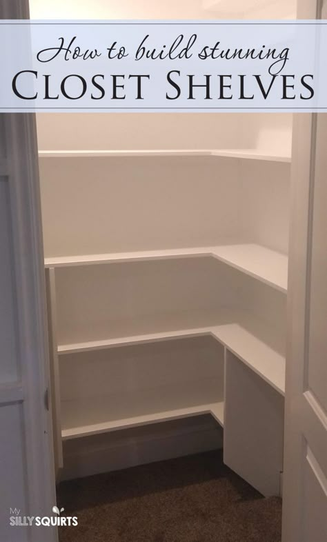 How to build your own stunning bedroom closet shelves | My Silly Squirts Make Your Own Closet, Tiny Closet Design, Bedroom Closet Shelves, Closet Library, Small Closet Shelving, Birch Decor, Diy Closet Shelves, Stairs Storage, Closet Built Ins