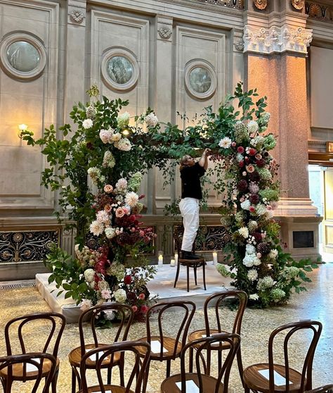 reaching new heights, thanks to ceremony chairs 😉// #flowers #chuppah #fallweddings #love #ceremonydesign Chuppah Flowers Wedding, Winter Chuppah, Chuppah Greenery, Fall Chuppah, Chuppah Florals, Chuppah Inspiration, Flower Chuppah, Wedding Arch Ceremony, Nikkah Decor