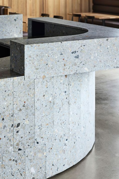 Steel Trusses, Terrazzo Tile, Reception Counter, Terrazzo Tiles, Counter Design, Reception Desk, Local Design, Cafe Interior, Cafe Design