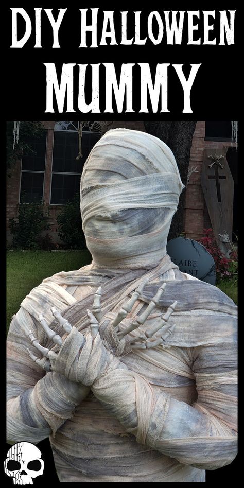 Learn how to make a DIY Halloween Mummy using simple materials like duct tape and cheesecloth! Super simple, cheap, and WICKED FUN. Creepy Halloween Props Diy, Diy Mummy Prop, Mummy Outdoor Decorations, How To Make A Mummy Decoration, Mummy Decorations Halloween, Diy Halloween Mannequin, Halloween Dummy Ideas, Halloween Decorations Out Of Cardboard, Diy Halloween Monsters