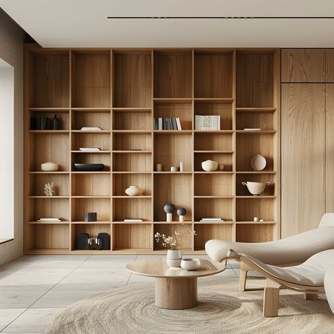 Japandi Bookshelf: Organizing with Style and Simplicity - Quiet Minimal Japandi Library, Japandi Bookshelf, Scandinavian Bookshelf, Japandi Office, Modern Study Rooms, Japandi Furniture, Mezzanine Bedroom, Japandi Interiors, Joinery Design