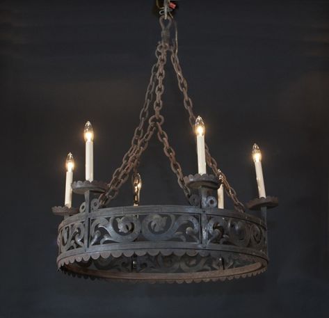 19th century Iron Gothic Revival Chandelier | French Antique Shop Gothic Victorian Bedroom, Gothic Dining Room, Wine Cellar Lighting, Column Decor, Tiny Castle, Medieval Revival, Gothic Chandelier, Pc Room, Chandelier French