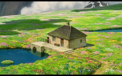 Download Anime Howl's Moving Castle HD Wallpaper Princess Mononoke Wallpaper, Castle Cottage, Howls Moving Castle Wallpaper, Studio Ghibli Background, Perspective Drawing Architecture, Flower Cottage, Ghibli Artwork, Howl's Moving Castle, Academia Wallpaper