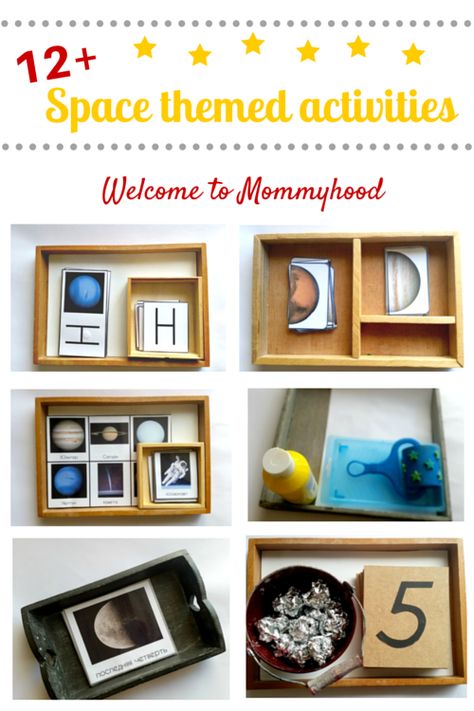 Montessori inspired preschool space unit  by Welcome to Mommyhood #montessoriprintables, #preschoolactivities, #montessoriactivities, #letteroftheweek Space Montessori Activities Preschool, Space Provocations Kindergarten, Space Theme Montessori Activities, Space Themed Learning Centers, Space Numeracy Activities Preschool, Space Montessori, Themed Shelves, Montessori Astronomy, Montessori Space