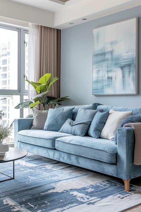 Pale Blue Sofa, Sky Blue Couch, Light Blue Couch, Blue Sofa Living Room Ideas, Blue Sofa Design, Blue Sofa Living Room, Sky Blue Sofa, Sofa Living Room Ideas, Blue Sofa Living