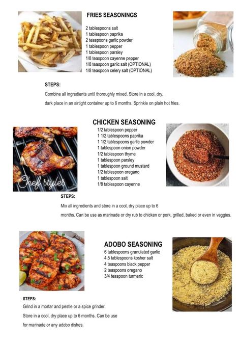 Spicy Fries, Spice Combinations, Homemade Spice Mix, Spice Blends Recipes, Culinary Cooking, Homemade Cookbook, Homemade Sauce Recipes, Meat Diet, Spice Mix Recipes