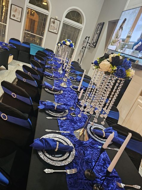 Dark Blue Quince Decorations, Dark Blue And Black Wedding Theme, Blue And Black Wedding Decor, Navy Blue And Silver Quinceanera Ideas, Royal Blue Quinceanera Theme Decorations, Blue Quince Decorations, Blue And Black Wedding Theme, Dark Blue Quinceanera Theme, Black And Blue Wedding Theme