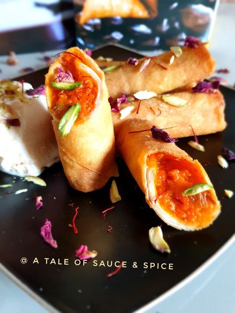 SWEET SPRING ROLLS  Perfect dessert for Ramadhan  Recipe credit: @tableforfivedubai   Picture credit: @a_tale_of_sauce_and_spice   Left over gajar halwa (i used @tasneemxpatel s gajar halwa recipe) @fatimasfavouritefoods Spring roll pastry  Ice cream and pistachios for serving.  Fill gajar halwa in the spring roll pastry roll it up as you would for your usual spring rolls seal with laai.  Fry till golden serve warm with a scoop of ice cream and chopped pistachios.   Enjoy. Veitmanese Spring Rolls, Viet Spring Rolls, Vietnamese Fried Spring Rolls Pork, Vietmanese Spring Rolls, Vietnamese Spring Rolls Cha Gio, Spring Roll Pastry, Ice Cream Scoop, Spring Rolls, Perfect Desserts