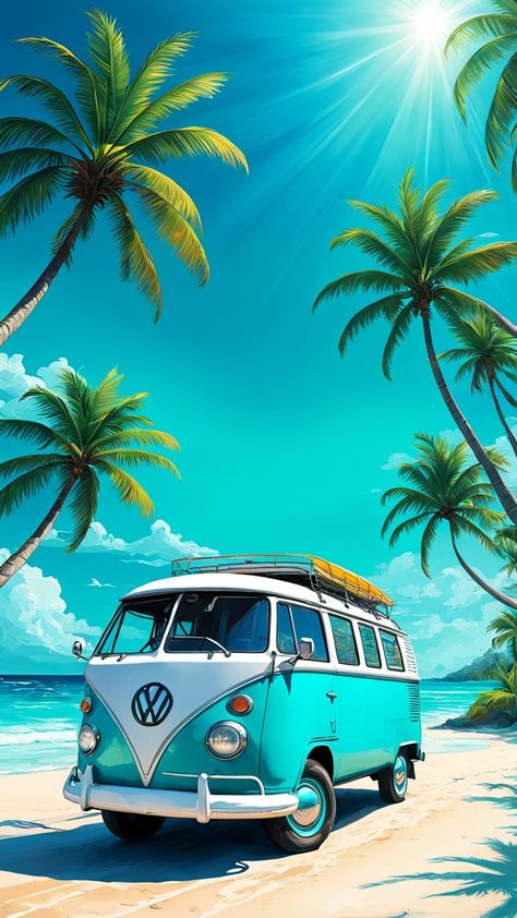 Teal Vw Bus, Volkswagen Wallpaper Iphone, Vw Bus Wallpaper, Volkswagen Bus Art, Combi Hippie, Volkswagen Vintage, Kombi Van, Surfer Vibes, Bus Art