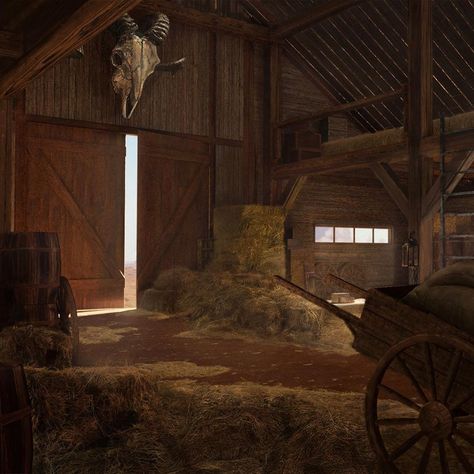 Oknice Art on Instagram: “Hay Barn - interior concept. Haaaayyy ——————— . #conceptart #conceptdesign #art #artwork #artist #artistsoninstagram #imagination…” Wild West Bedroom, Stables Concept Art, Western Concept Art, Western Environment, Ranch Illustration, Fantasy Farm Concept Art, Farm Concept Art, Fantasy Farmhouse Concept Art, Wild West Concept Art