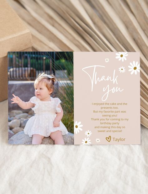 Daisy First Birthday Party Favors, Daisy Invitations Birthday, One Year Old Thank You Cards, Boho Daisy Birthday Invitation, Daisy Thank You Cards, Floral Birthday Party, Boho Birthday, Floral Birthday, Boho Girl