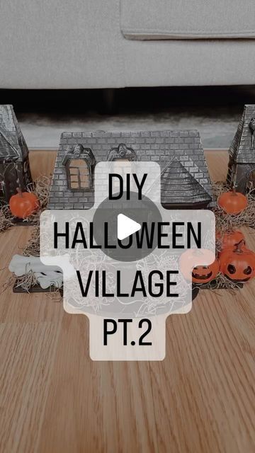 Amanda Moore on Instagram: "🏘️ Halloween Village Pt 2! Amare and I had so much fun making these houses!! 🖤  We used a mix of white and gold acrylic paints to make the house look weathered, then hot glued the pumpkins, bones and moss.  Amare came up with the Jack O Lantern idea and we both love how each house turned out!   Let me know what you think in the comments & stay tuned for Part 3 🖤  • • • • #halloween #halloweencrafts #diy #halloweendiy #diyhalloween #diyhauntedhouse #hauntedhouse #hauntedvillage #halloween #halloweenvillage #halloweendecor #halloweeninspo #boymom #craftswithkids" Diy Halloween Town Display, Haunted House Village Diy, Homemade Haunted House Ideas, Diy Halloween Village Houses, Halloween Village Diy, Diy Halloween Village, Haunted House Diy, Gold Acrylic Paint, Lantern Ideas