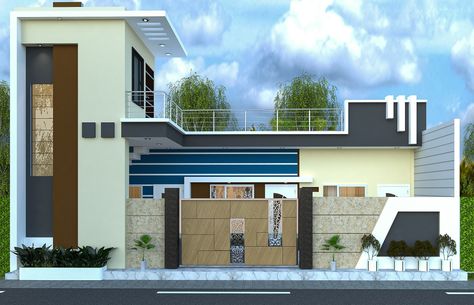 Front Elevation of 45x35 4Bhk House House Gate, Small House Elevation, Small House Elevation Design, Front Elevation Designs, Ceiling Design Modern, House Gate Design, Elevation Design, Front Elevation, House Elevation