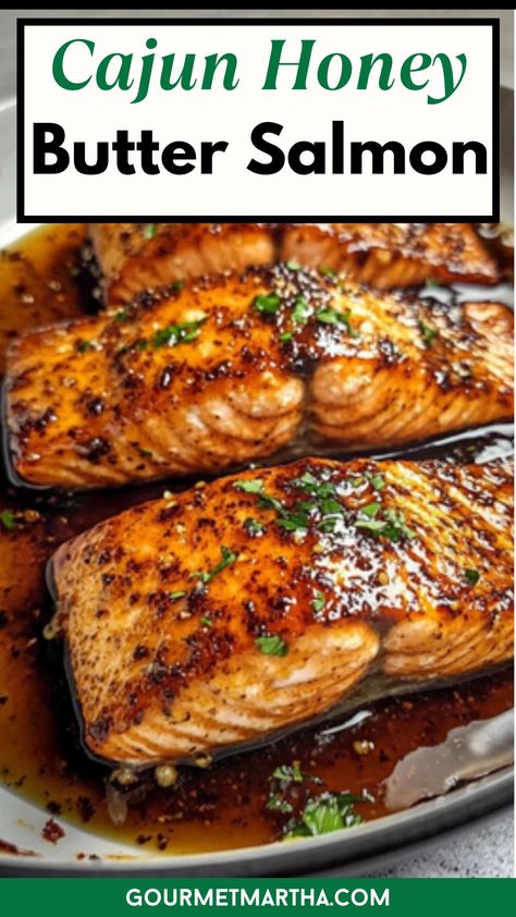 A flavorful fusion of sweet honey, rich butter, and bold Cajun spices makes this dish an irresistible dinner favorite. Perfectly seared salmon with a caramelized glaze will leave your taste buds dancing! Get the recipe and start cooking today #CajunSalmon #HoneyButterSalmon #SeafoodDinner #EasyDinnerRecipes #QuickMeals #HealthyEating #CajunFlavor #SalmonLovers #WeeknightDinners #FlavorfulRecipes Cajun Brown Sugar Salmon, Honey Butter Old Bay Salmon, Salmon With Butternut Squash, Cajun Honey Butter Salmon Recipes, Carribean Salmon Recipes, Salmon And Corn Recipes, Cajun Salmon Recipes Baked, Salmon Recipes Easy Quick, Salmon Glaze Recipes Brown Sugar