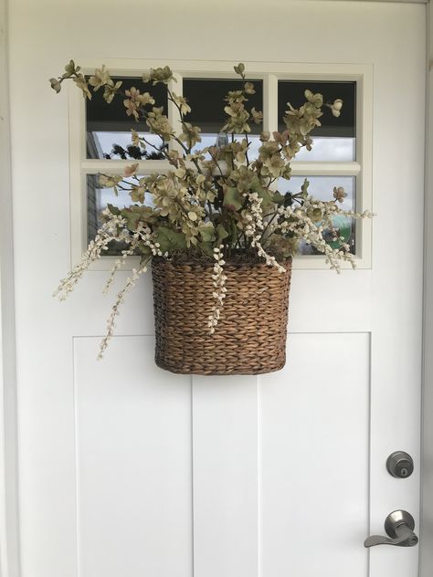 Hanging Front Door Flower Basket Front Door Hanging Basket Woven, Door Basket For Fall, Hanging Front Door Basket, Front Foor Wreath, Cottage Door Wreath, Hanging Flowers Basket, Front Door Hanging Basket Ideas, Basket Front Door Wreath, Front Door Arrangements