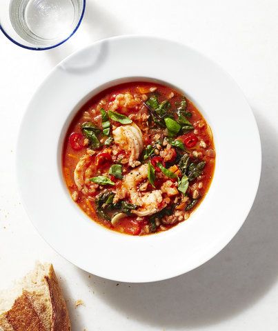 Spicy Shrimp and Farro Soup With Winter Greens | RealSimple.com Jambalaya Soup, Farro Soup, Slow Cooker Jambalaya, Winter Greens, Dump Meals, Instant Pot Soup, Slow Cooker Dinner, Spicy Shrimp, Jambalaya