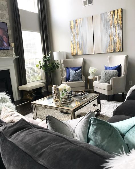 Ashleigh Spencer on Instagram: “I was bored Sunday and changed my family room up .. I had both chairs by the faire place the pictures behind the could etc .. but I’ve…” Silver Gold Living Room, Gold Living Room Furniture, Gold Living Room Decor, Relaxing Living Room, Furnitur Ruang Keluarga, Gold Living, Living Room Decor Gray, Gold Living Room, Glam Living Room