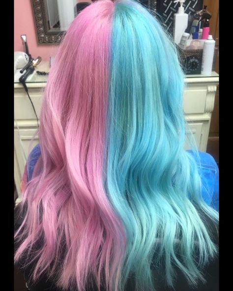 Melanie Comorato on Instagram: “Cotton candy split🍭 Styled using ALL @aiirprofessional our fav🤩🤩 #handsdownsalon #aiirprofessional #pravana #pravanavivids #joicoblondelife…” Cotton Candy Hair Color, Icy Blue Hair, Candy Aesthetic, Blue And Pink Hair, Unicorn Hair Color, Sweet Hairstyles, Wow Hair Products, Cotton Candy Hair, Split Dyed Hair