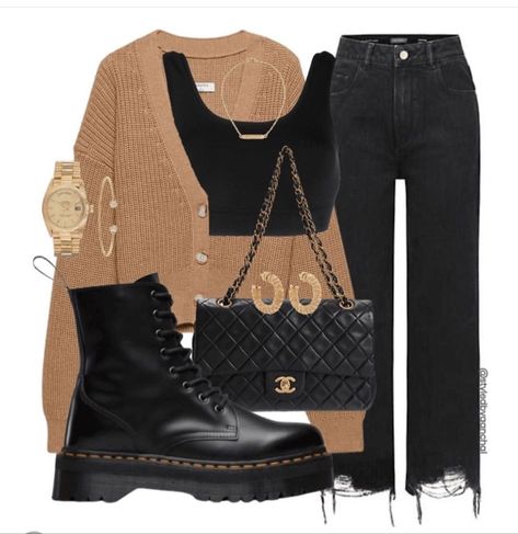 Casual Edgy Outfits, Chique Outfits, Brown Cardigan, Casual Day Outfits, Casual Winter Outfits, Edgy Outfits, Doc Martens, Outfit Casual, Winter Fashion Outfits