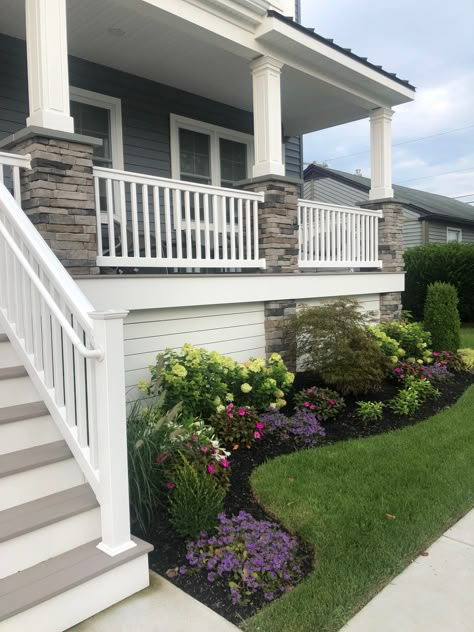 Garden On Side Of Garage, Landscaping Ideas For Front Of House With Porch, Front Porch Walkway Landscaping, Around Home Landscaping, Front Porch Landscaping Ideas Farmhouse, Farmers Porch Landscaping, Landscape Around Front Porch, Flower Bed Under Window, Landscaping Around Garage