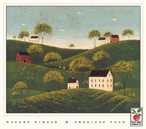 Warren Kimble - Rolling Hills - Fine Art Print - Global Gallery Rolling Hills Painting, Salt Box House, Warren Kimble, Primitive Painting, Black Framed Art, Black Framed Wall Art, Primitive Folk Art, American Folk Art, Folk Art Painting