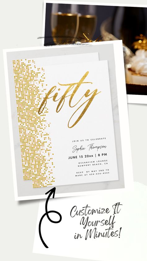 White Gold Geometric Glitter Elegant 50th Birthday Invitation for Women 50 Birthday Invitation For Women, 50th Birthday Invitations For Women, Gold Invitations Birthday, Gold Theme Party, Black And Gold Theme, 50th Birthday Party Invitations, Fifty Birthday, 35th Birthday, 50th Birthday Invitations