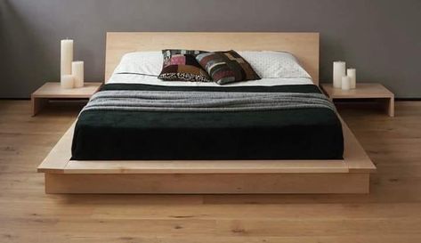 simple wooden bed. #beds #furniture Bed Room Furniture, Low Platform Bed, Platform Bed Designs, Diy Platform Bed, Solid Wood Bed Frame, Japanese Interiors, Low Loft Beds, Twin Platform Bed, Platform Bed With Storage