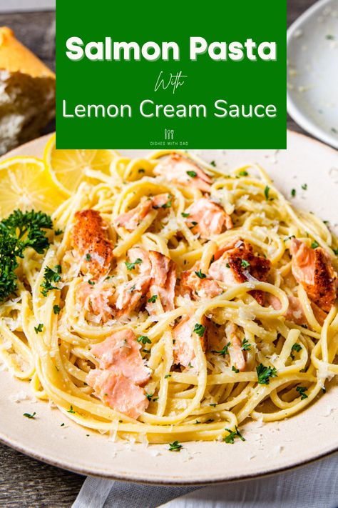 Pasta With Salmon Recipe, Salmon And Lemon Pasta, Salmon Linguine Recipes, Lemon Pasta With Salmon, Cream Cheese Salmon Pasta, Salmon Lemon Cream Sauce, Lemon Salmon Pasta, Creamy Lemon Salmon Pasta, Pasta With Lemon Cream Sauce