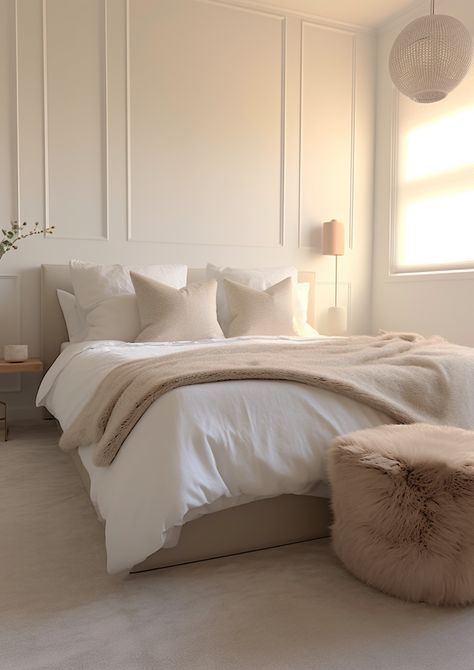 How to Choose the Perfect End-of-Bed Bench According to Experts I BY Design & Viz Bedroom Decor Clean, Clean Aesthetic Bedroom, Neutral Tones Bedroom, Bedroom Inspirations Neutral, Neutral Tone Bedroom, Beige And Grey Bedroom, Neutral Bedroom Decor Ideas, Bedroom Decor Neutral, Cozy Neutral Bedroom