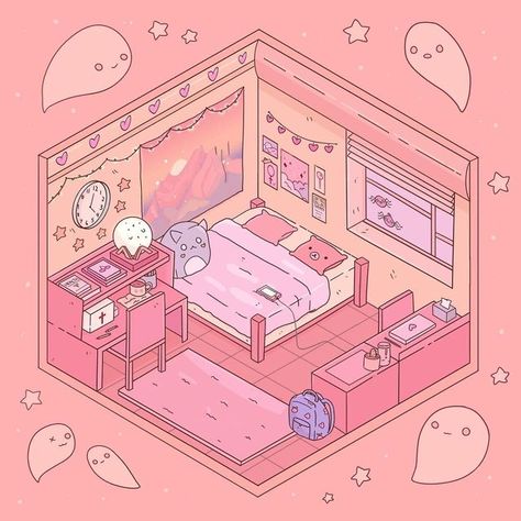 Bedroom Drawing Aesthetic, Anime Room Aesthetic, Room Aesthetic Decor, Isometric Room, Bedroom Drawing, Isometric Drawing, Drawing Aesthetic, Isometric Art, Isometric Design