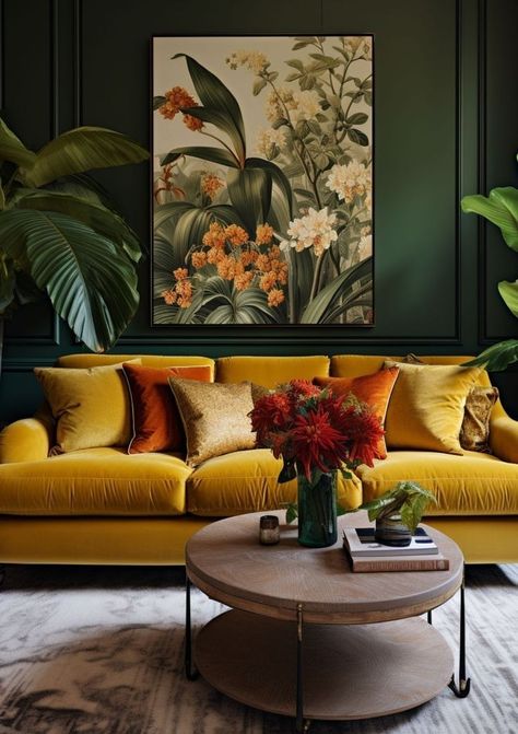 Green Room Yellow Sofa, Yellow And Brown Living Room Ideas, Living Room Mustard Sofa, Gold Sofa Living Room Ideas, Mustard Yellow Couch Living Rooms, Mustard Yellow Sofa Living Room, Mustard And Green Living Room, Green And Mustard Living Room, Mustard Sofa Living Room