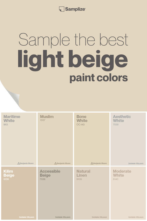 Sample the best light beige paint colors with Samplize to help elevate your space effortlessly. Beige Aesthetic Wall Paint, Light Beige Paint Colors Bedrooms, Light Khaki Paint Color, Light Sand Paint Color, Best Light Tan Paint Color, Light Wall Paint Colors, Creamy Beige Paint Colors, Best Beige Paint Color, Light Beige Walls