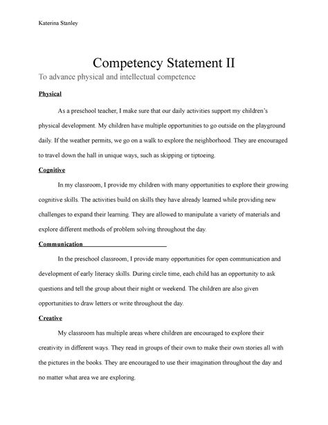 Competency Statement II- Physical and Intellectual - Katerina Stanley Competency Statement II To - StuDocu Cda Competency Statements Examples, Cda Portfolio Examples For Preschool, Cda Portfolio, Learning Stories Examples, Early Childhood Education Degree, 500 Word Essay, Teacher Portfolio, Portfolio Binder, Job Interview Answers