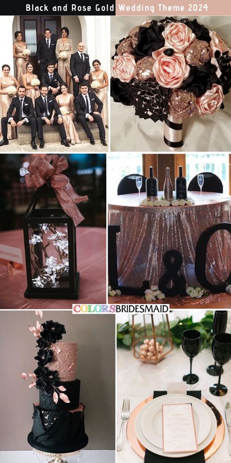 Black Wedding Dress Gold Bridesmaids, Wedding Theme Party Ideas, Dusty Pink Black And Gold Wedding, Black Gold And Rose Gold Wedding, Wedding Colors Black And Rose Gold, Rose Gold And Black Bridesmaid Dresses, Light Pink Black And Gold Wedding, Black Silver Rose Gold Wedding, Red Black And Rose Gold Wedding