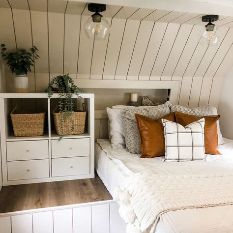 Remodeled Rv Bedroom, Rv Loft Bed Remodel, Rv Master Remodel, Small Rv Bedroom Remodel, Camper Bedrooms Ideas, Travel Trailer Bedroom Remodel, Rv Master Bed, Rv Bookshelf, Ikea Rv Hacks