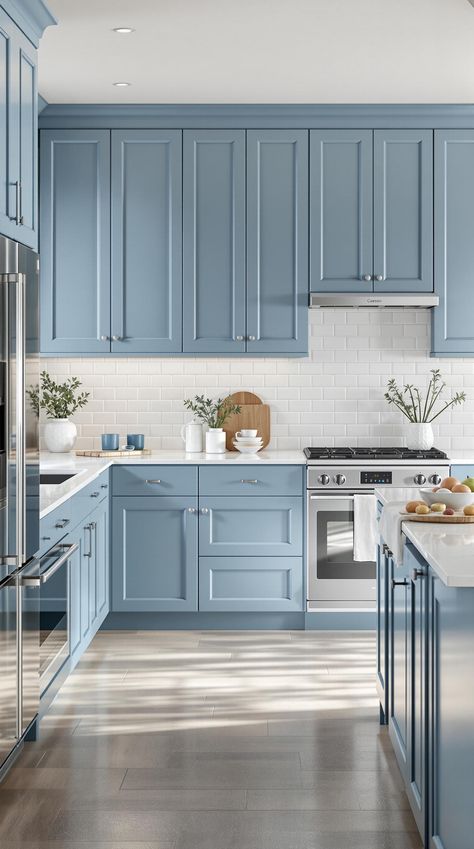 Kitchen Cabinet Color Ideas Muted Blue Cabinets Kitchen, Kitchens With Blue And White Cabinets, White Countertops Blue Cabinets, Ice Blue Kitchen Cabinets, Cool Kitchen Colors, Periwinkle Cabinets, Unique Kitchen Colors, Coastal Blue Kitchen Cabinets, Smoky Blue Kitchen Cabinets