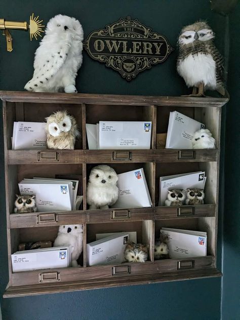 Harry Potter Decor Aesthetic, Harry Potter Book Display, Wand Display Harry Potter, Harry Potter Display Ideas, Harry Potter Crafts Diy Room Decor, Owlery Harry Potter, Harry Potter Owlery, Harry Potter Home Aesthetic, Harry Potter House Points