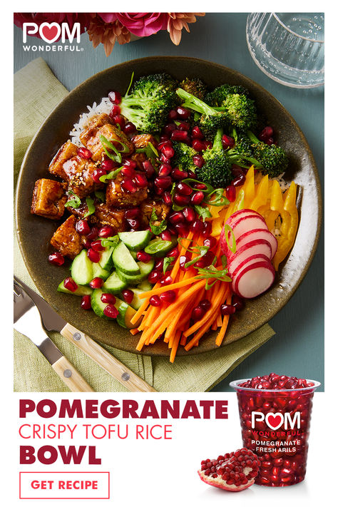 30 minutes prep · 45 minutes total · Serves 4 · Pomegranate Crispy Tofu Rice Bowl Recipe: Add an antioxidant crunch to this crispy rice bowl that’s a sweet and sour delight any time. Tofu Rice Bowl, Tofu Rice, Pom Wonderful, Rice Bowls Recipes, Most Paused Movie Scenes, Crispy Rice, Buddha Bowls, Crispy Tofu, Health Dinner Recipes