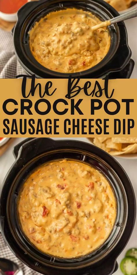 Nacho Cheese Dip Recipes, Cheese Dip With Sausage, Rotel Dip Crockpot, Dip With Sausage, Sausage Queso Dip, Queso Dip Crockpot, Crock Pot Sausage, Velveeta Cheese Dip, Nacho Cheese Dip