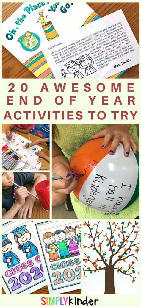 A great list of end of awesome school year activities for kindergarten kids. Click through for easy prep FUN with free printables, memory books, games, and more! #endofyear #kindergarten End Of Year Games For Kids, Fun Last Day Of School Activities Preschool, Fun End Of Year Activities Kindergarten, National Kindergarten Day, End Of Year Games For Kindergarten, End Of School Year Crafts For Kids, Kindergarten Graduation Activities, Last Day Of School Ideas For Teachers, End Of Year Theme Days Kindergarten