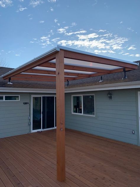 Pergola Over Roof Line, Pergola With Clear Roof, Clear Roofing, Roof Idea, Transparent Roof, Front Porch Pergola, Diy Patio Cover, Porch Pergola, Deck Shade