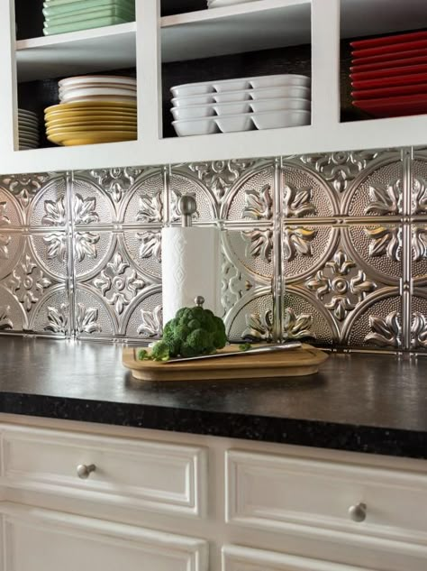 Diy Kitchen Backsplash Ideas, Tin Tile Backsplash, Backsplash Cheap, Diy Kitchen Backsplash, Kitchen Backsplash Ideas, Diy Backsplash, Diy Kitchen Renovation, Tin Tiles, Backsplash Tile