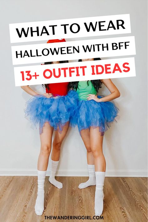 Save this pin for best friend halloween costumes, halloween costumes, bff halloween costumes, cute halloween costumes, halloween costumes women, halloween costumes ladies, bff spooky outfits, best friends spooky outfits, how to style best friend halloween outfits, what to wear on halloween, and more! Tap to learn how to style best friend halloween outfits here! Best Friend Diy Halloween Costumes, Best Friend Easy Halloween Costumes, Best Friend Diy Costumes, Cute Halloween Costumes For Best Friends Easy, Costume Idea For 2 Friends, Matching Outfits Best Friend Halloween, Halloween Costume For Best Friends, Matching Halloween Costumes For Besties Scary, Diy Best Friend Halloween Costumes