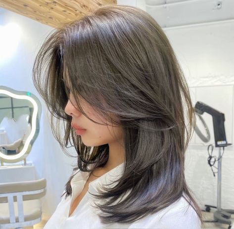 Korean Shoulder Length Hair With Layers, Medium Length Haircut Not Styled, Jaw Length Curtain Bangs, Medium Hair Layers Curtain Bangs, Side Bangs Straight Hair, Korean Hush Haircut, Short Hair Winter, Korean Haircuts, Haircuts For Chubby Faces