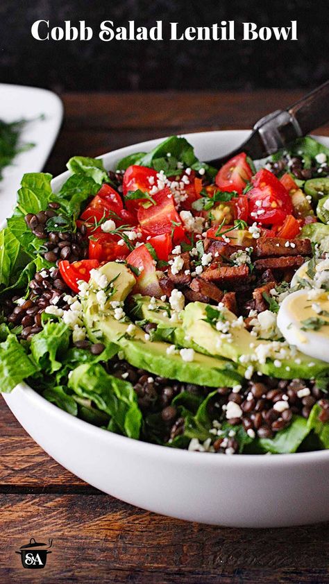 Side view of Cobb Salad Lentil Bowl in a white bowl. Black Beluga Lentils Recipes, Salad Lentil, Black Beluga Lentils, Lentil Bowl, Vegetarian Bacon, Poached Salmon, Classic Salad, Lettuce Salad, Lentil Recipes