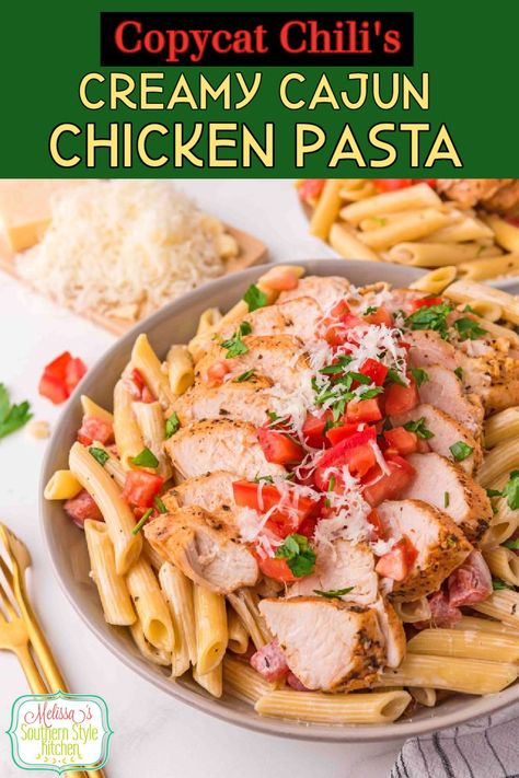 This copycat Chili's Creamy Cajun Chicken Pasta features Cajun seasoned chicken and a decadent cream sauce delicious served over penne pasta. #cajunchicken #chiliscopycatchicken #cajunchickenpasta #pennepastarecipe #copycatrecipes #easychickenrecipes Chilis Cajun Chicken Pasta, Chilis Copycat Recipes, Cajun Chicken Breast, Cajun Chicken Salad, Creamy Cajun Chicken Pasta, Creamy Cajun Chicken, Top Dinner Recipes, Cajun Chicken Pasta Recipes, Cajun Pasta