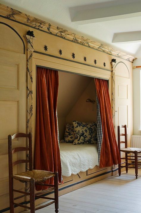 Bed Closet, Alcove Bed, Sleeping Nook, Bed Nook, Bedroom Nook, Built In Bed, Closet Bed, Tiny Bedrooms, Red Curtains