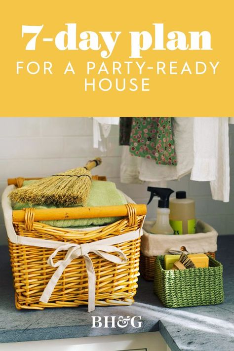 Impress your party guests with a home that sparkles and shines. Manage the house cleaning tasks with the same ease you organize the rest of your party planning with the help of this 7-day cleaning plan. #entertaining #cleaningforaparty #hostesstips #cleaningtips #cleaningplan #bhg